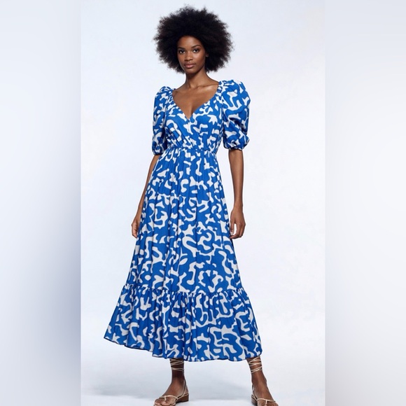 Zara Dresses & Skirts - Zara Blue and White Abstract Midi Dress